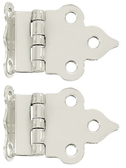 Pair of Solid Brass Gothic-Style Offset Cabinet Hinges - 1 1/2 inch x 2 1/8 inch in Polished Nickel.